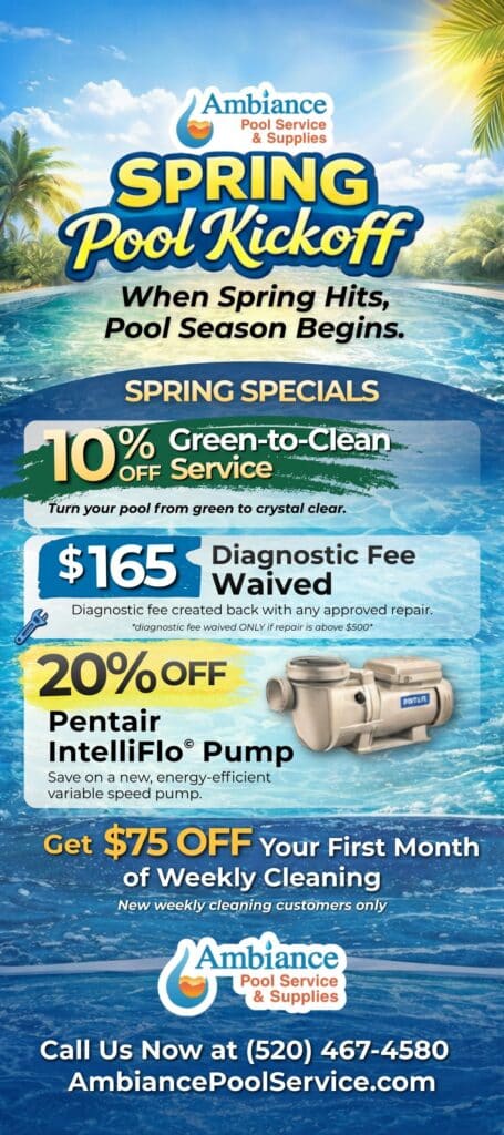 An advertisement for Ambiance Pool Service & Supplies features spring pool specials, including 10% off Green-to-Clean service, waived diagnostic fee, 20% off a Pentair IntelliFlo pump, and $75 off the first month of weekly cleaning.