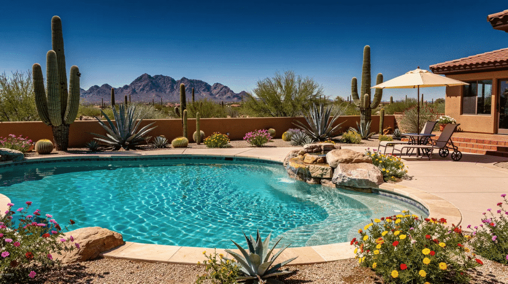 A swimming pool in a desert backyard surrounded by cactus, agave plants, and flowering shrubs, with lounge chairs and an umbrella nearby. Mountains and a clear blue sky are visible—perfect for relaxing after expert Pool Service Tucson.