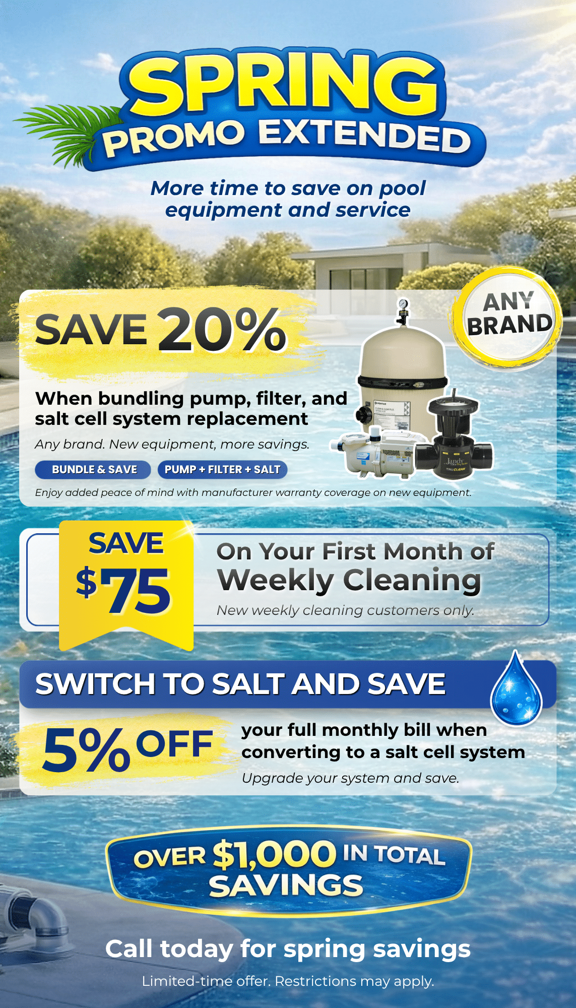 A promotional flyer for a spring pool equipment and service sale features discounts: 20% off system bundles, $75 off weekly cleaning, and 5% off on salt cell conversions. Bright colors and pool equipment images are displayed.