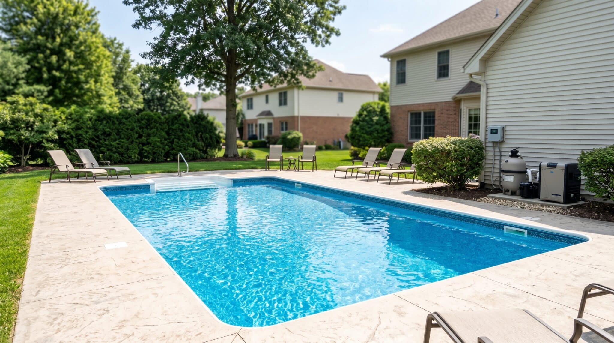 A rectangular in-ground swimming pool with clear blue water is surrounded by a concrete deck, lounge chairs, and landscaped grass next to a two-story house on a sunny day, enhanced by convenient pool automation service.