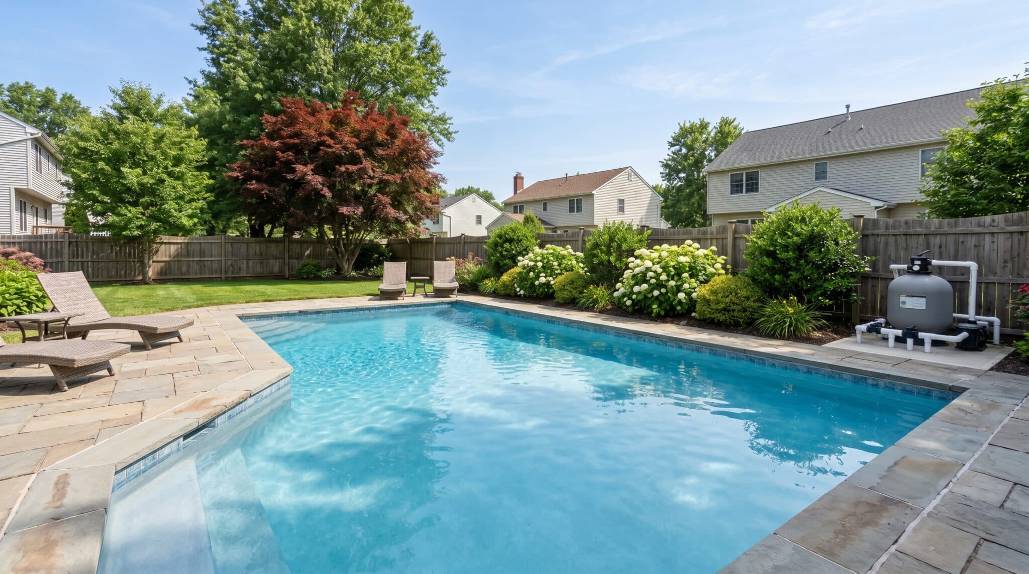 Rectangular backyard pool surrounded by stone decking, lounge chairs, and landscaped bushes, with a wooden fence and neighboring houses in the background under a clear sky; pool filter service alert ensures optimal water clarity.