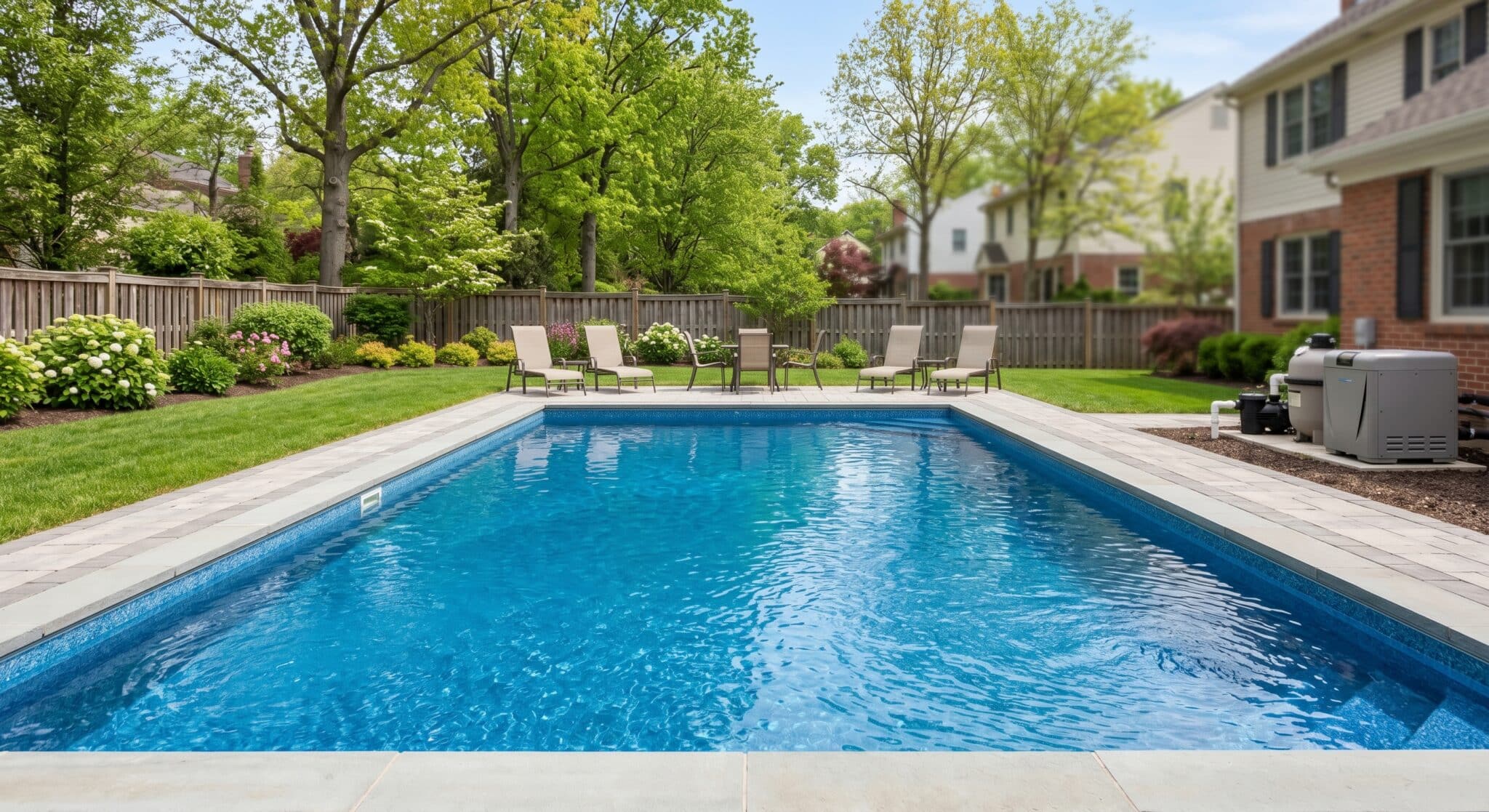 Rectangular backyard swimming pool surrounded by a paved deck. Several lounge chairs and a table are positioned at the far end. Green grass, shrubs, and trees line the fenced yard, while a subtle pool heater service alert ensures year-round comfort.