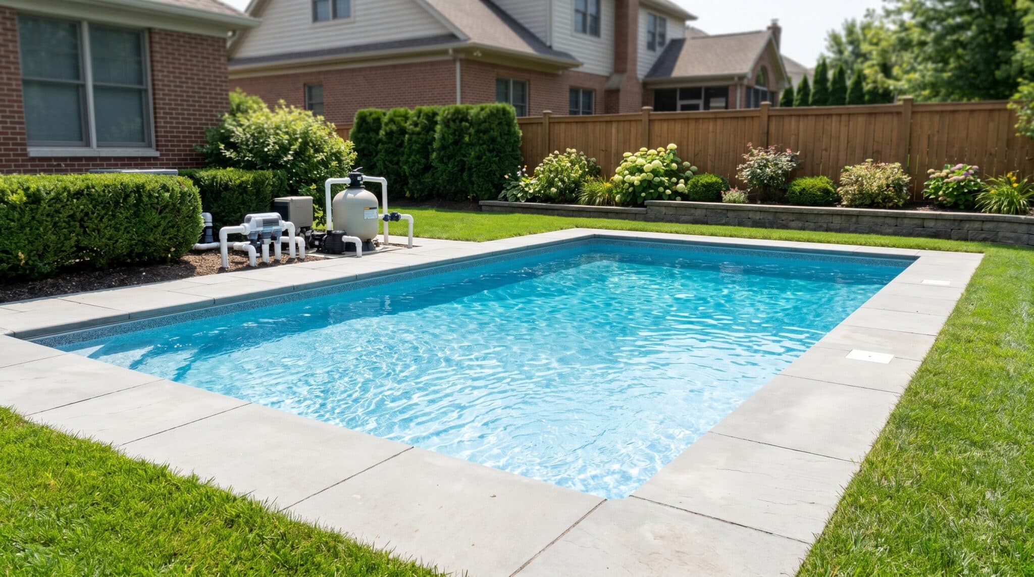 A rectangular in-ground swimming pool with clear blue water features a salt cell system service alert, surrounded by concrete pavers and green grass in a fenced backyard with bushes, plants, and two houses visible in the background.