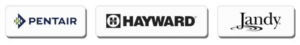 Three rectangular logos of swimming pool equipment brands: Pentair with a blue diamond icon, Hayward in bold black letters with an "H" logo, and Jandy in black script with a wave—leaders in pool automation service alert innovation.