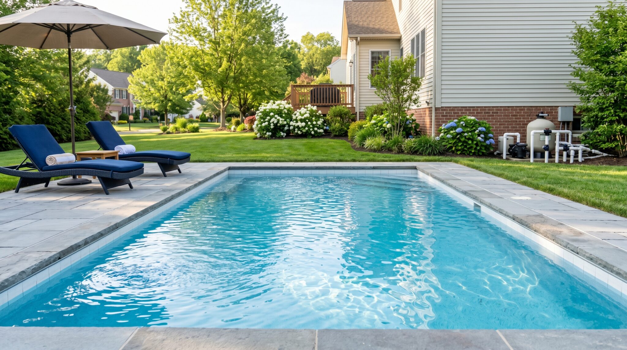 A rectangular backyard swimming pool with clear water features a pool service alert, surrounded by a stone patio, two blue lounge chairs with towels, an umbrella, and landscaped green grass and shrubs near a house.