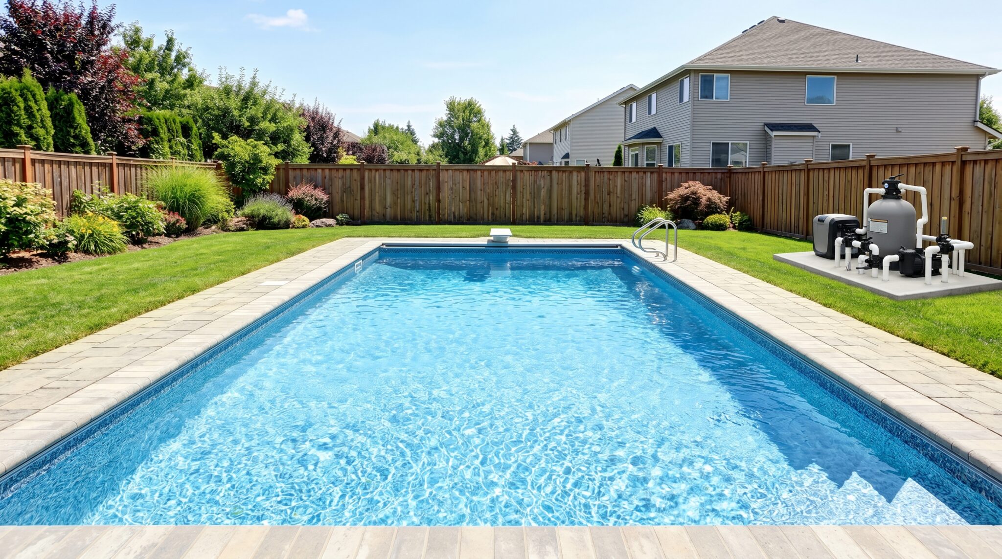 Rectangular in-ground swimming pool in a backyard, surrounded by a paved stone deck, grass, landscaped plants, and a wooden privacy fence. A pool pump service alert is visible near the equipment in the back right corner.