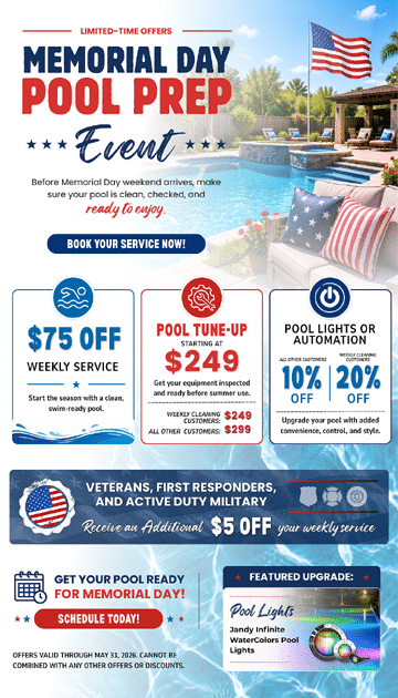Promotional flyer featuring Memorial Day pool prep offers, including discounts on weekly service, pool tune-ups, pool lights, and automation. Banner includes patriotic elements, a poolside scene, and scheduling details.