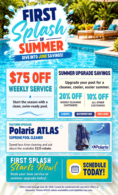 Promotional flyer for a pool cleaning service features a pool scene, text about $75 off weekly service, summer upgrade savings, a featured Polaris Atlas pool cleaner, and a button to schedule a service.