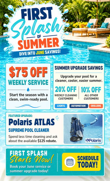 Promotional flyer for a pool cleaning service features a pool scene, text about $75 off weekly service, summer upgrade savings, a featured Polaris Atlas pool cleaner, and a button to schedule a service.