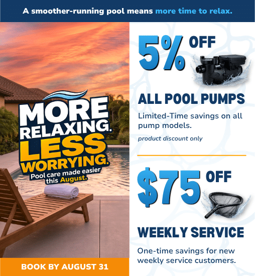 A poolside lounge chair faces a pool with palm trees. Text offers 5% off all pool pumps and $75 off weekly service; conditions and August 31 booking deadline are shown.
