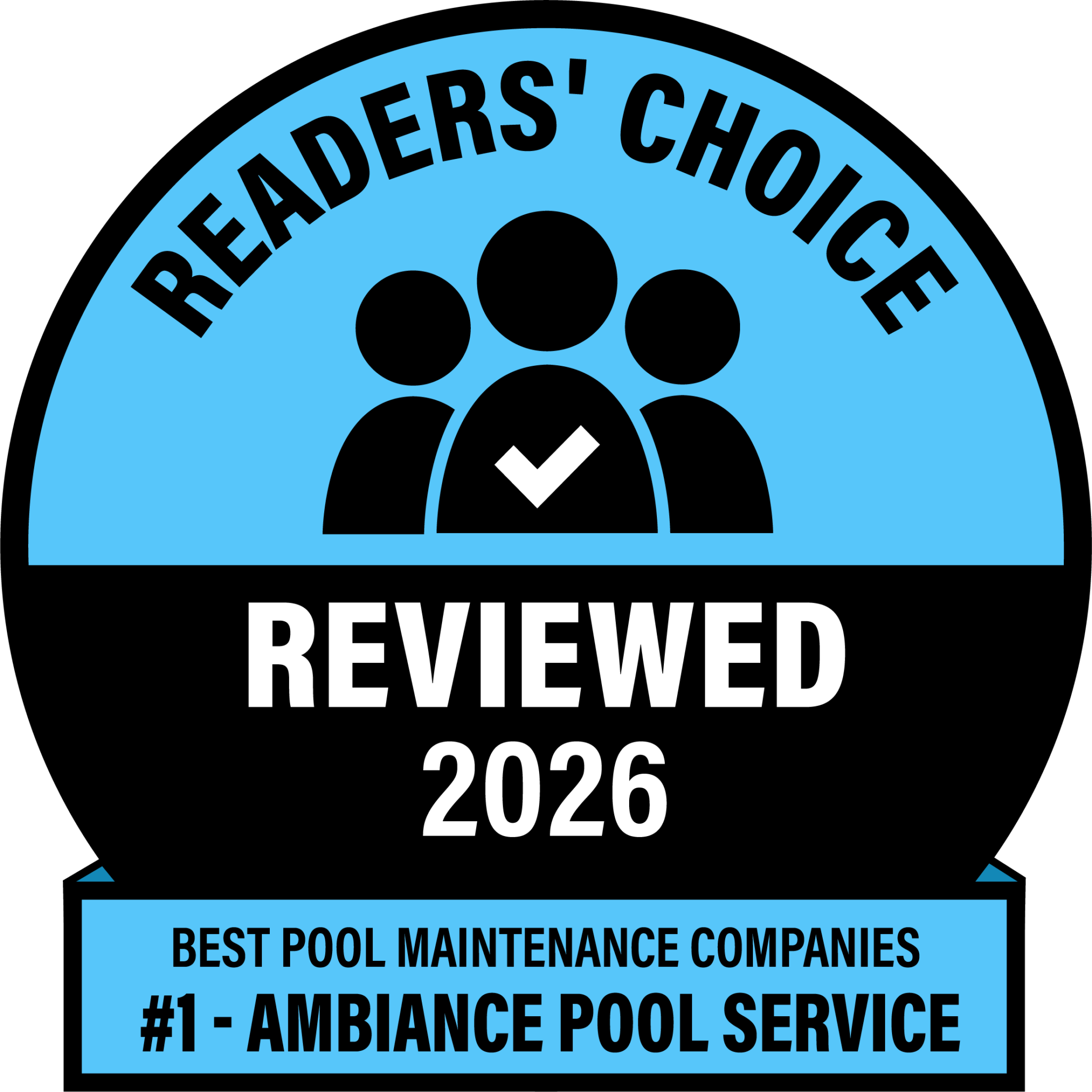 Readers’ Choice award seal for 2026, naming Ambiance Pool Service as the #1 Best Pool Maintenance Company.